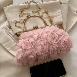 Romantic Pink Rose Applique Evening Clutch with Gold Chain